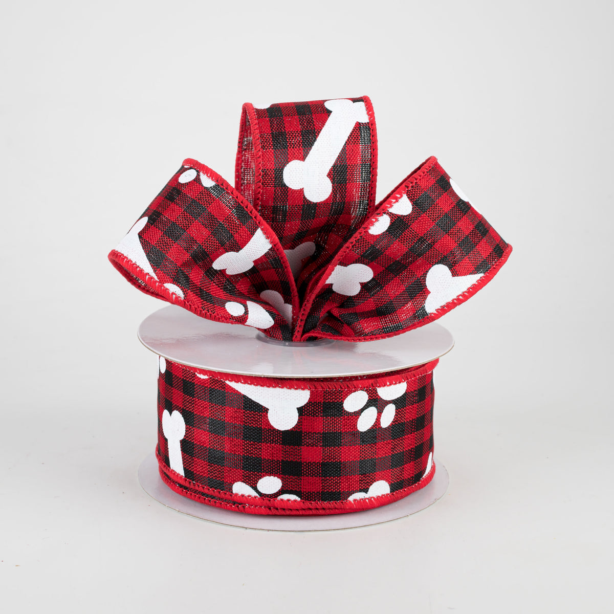 1.5" Paw Prints & Dog Bones Gingham Check Ribbon: Black & Red (10 Yards) Lifestyle Photo
