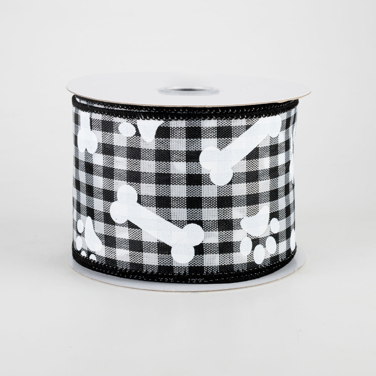 2.5" Paw Prints & Dog Bones Gingham Check Ribbon: Black & White (10 Yards)