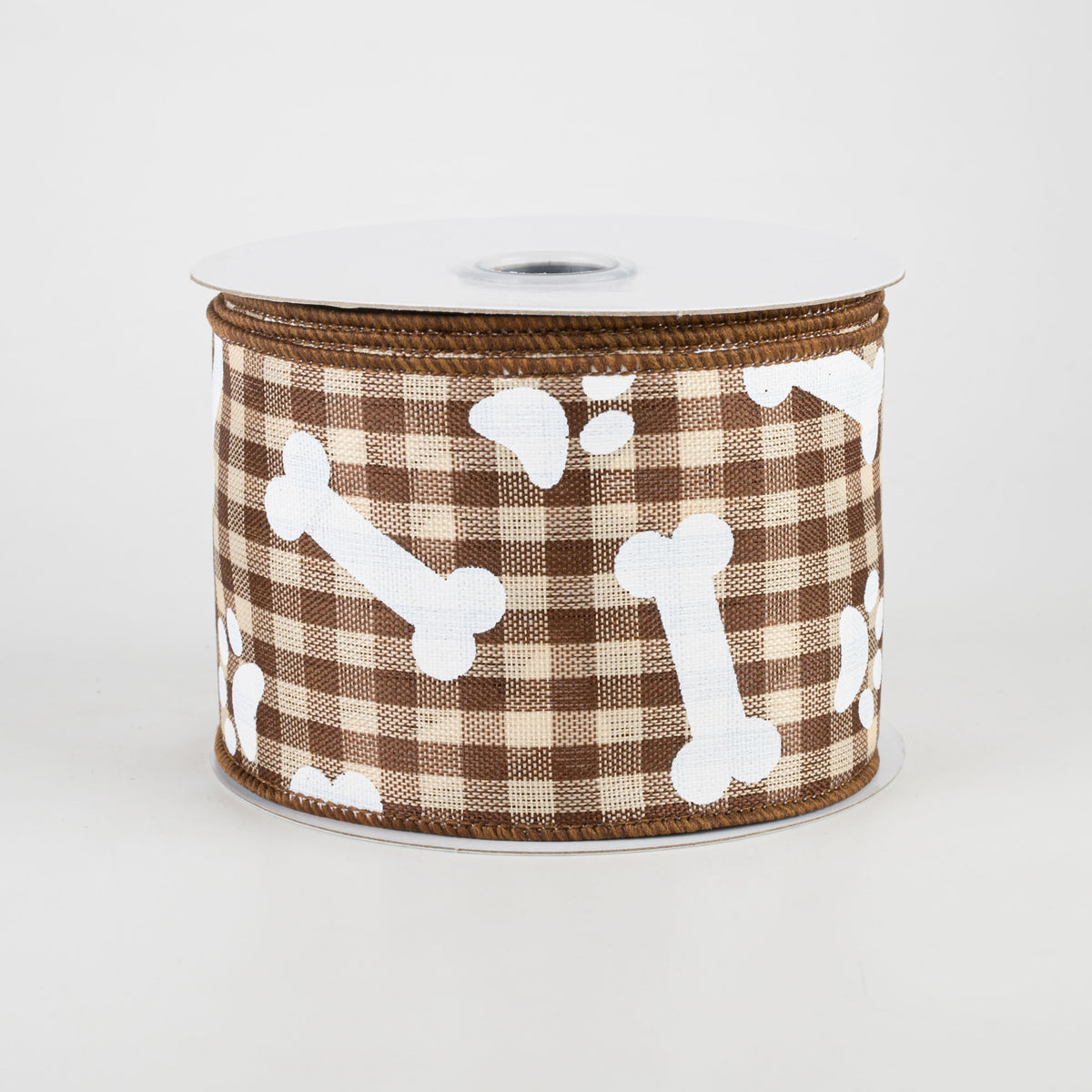 2.5" Paw Prints & Dog Bones Gingham Check Ribbon: Brown & Cream (10 Yards)
