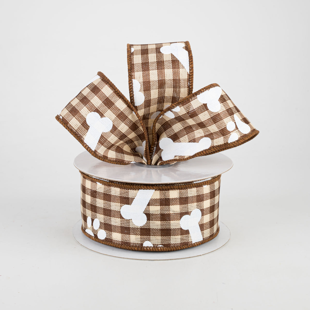 1.5" Paw Prints & Dog Bones Gingham Check Ribbon: Brown & Cream (10 Yards) Lifestyle Photo