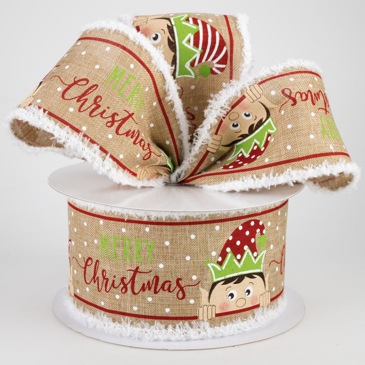 2.5" Peeking Elf Fuzzy Edge Ribbon: Light Beige (10 Yards) Lifestyle Photo
