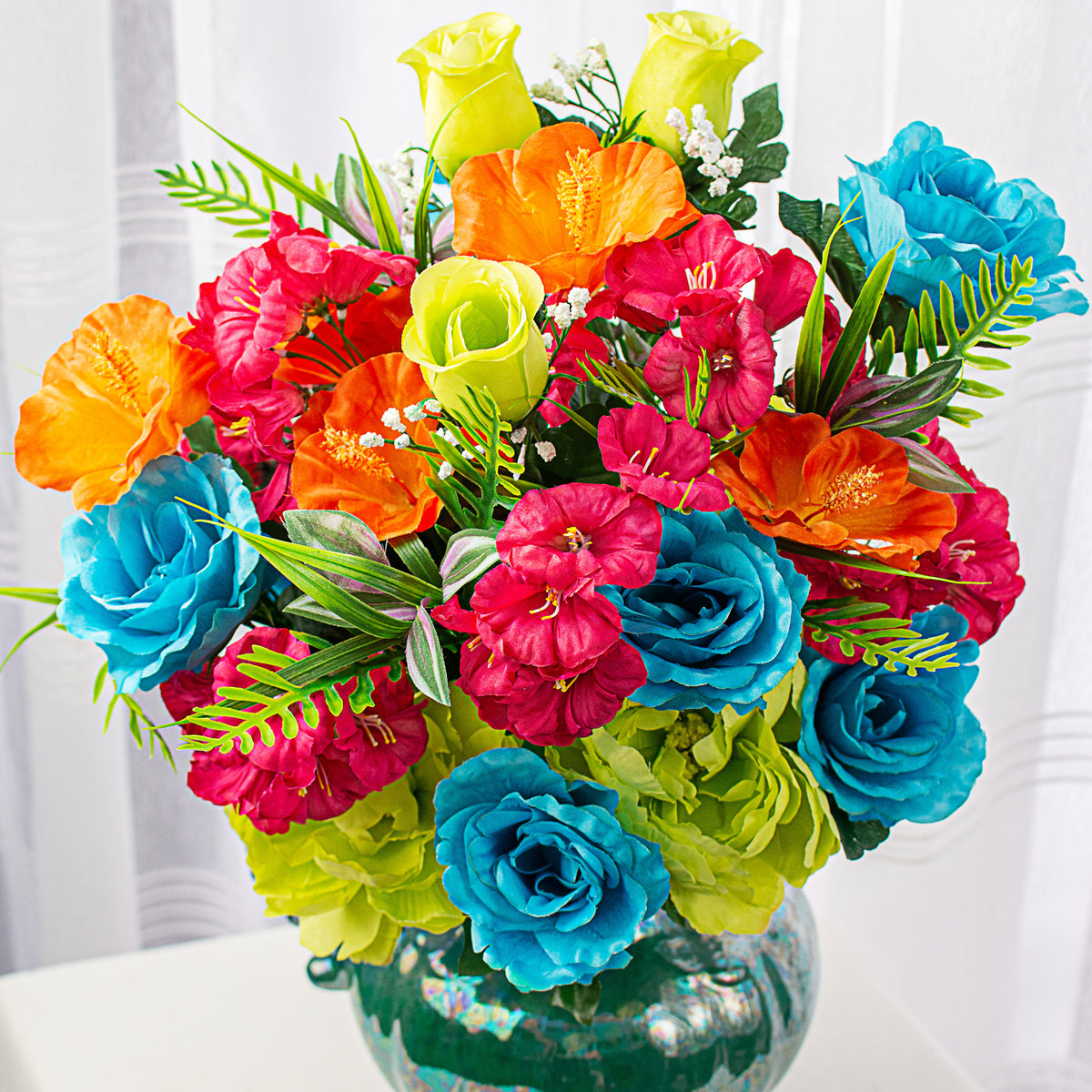 27" Peony, Rose Bud, Petunia, Hibiscus Bush: Aqua, Lime, Fuchsia Item Number: 35106AQLMBT