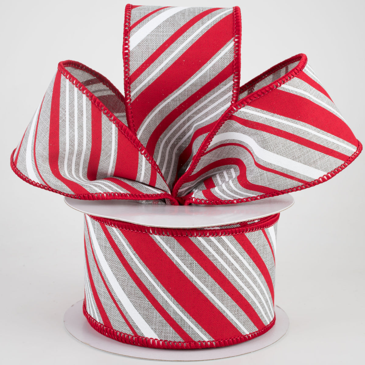 2.5" Peppermint Stripes Ribbon: Light Grey, Red, White (10 Yards) Lifestyle Photo