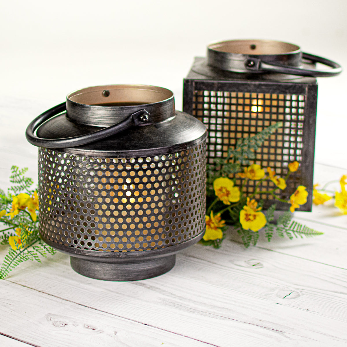 7.75" Pewter Tin Lantern: Round Lifestyle Photo