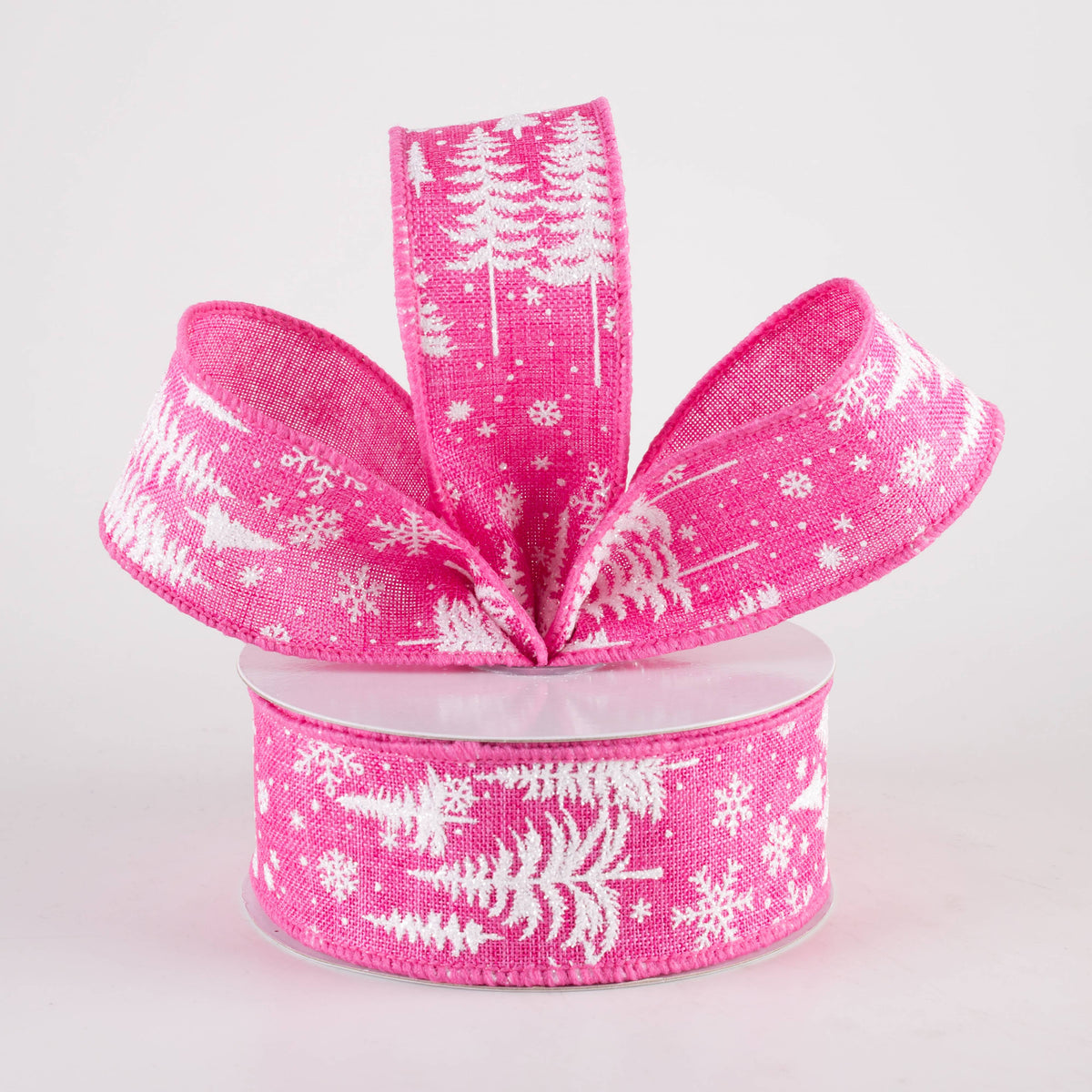 1.5" Pine Trees & Snowflakes Ribbon: Hot Pink (10 Yards) Lifestyle Photo
