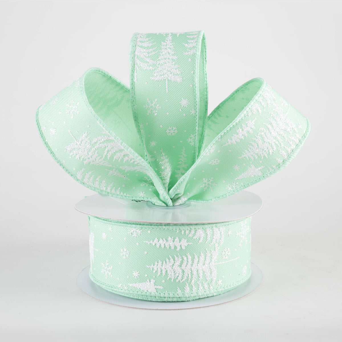 1.5" Pine Trees & Snowflakes Ribbon: Mint Green (10 Yards) Lifestyle Photo