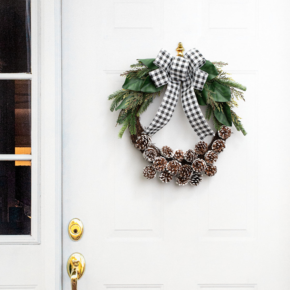 24" Pinecone Wreath With Gingham Bow Lifestyle Photo