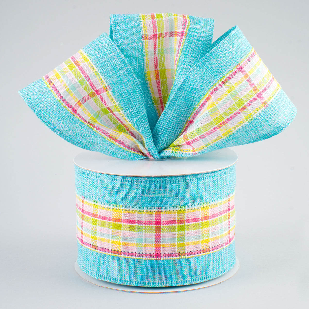 2.5" Plaid Center Ribbon: Turquoise Blue (10 Yards) Lifestyle Photo