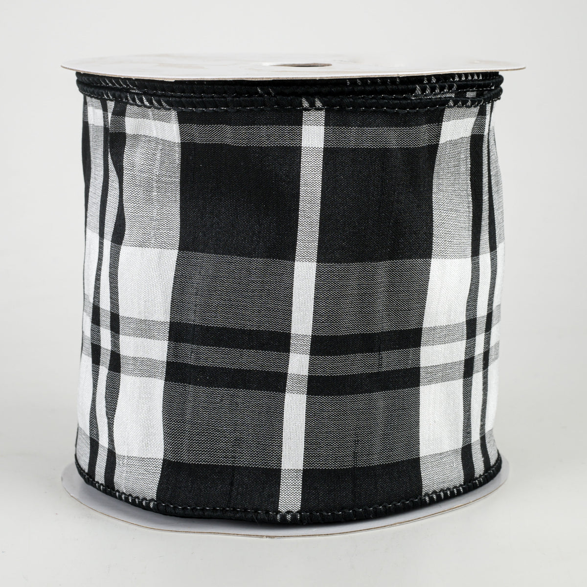 4" Plaid Faux Dupioni Ribbon: Black, White (10 Yards)