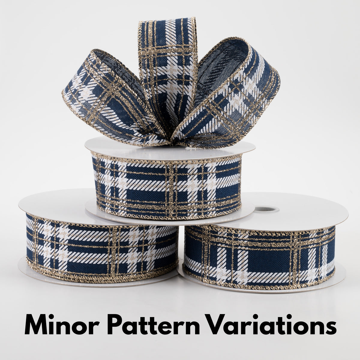 1.5" Plaid Print Ribbon: Navy Linen, White, Champagne Glitter (10 Yards) Lifestyle Photo