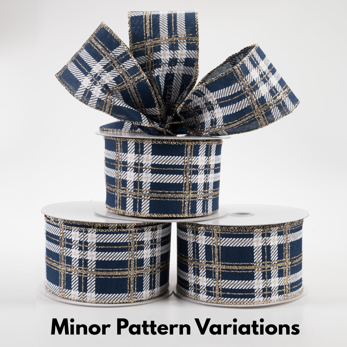 2.5" Plaid Print Ribbon: Navy Linen, White, Champagne Glitter (10 Yards) Lifestyle Photo