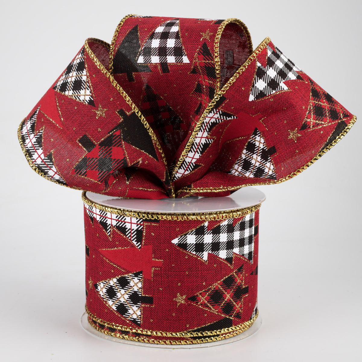 2.5" Plaid Trees Ribbon: Burgundy, Red, Gold (10 Yards) Lifestyle Photo