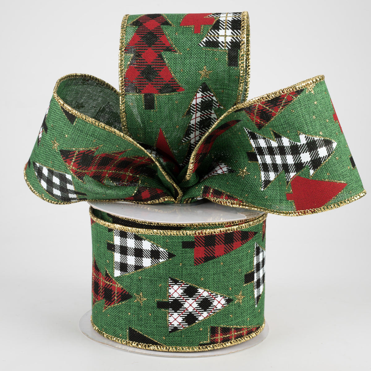 2.5" Plaid Trees Ribbon: Emerald, Red, Gold, White (10 Yards) Lifestyle Photo