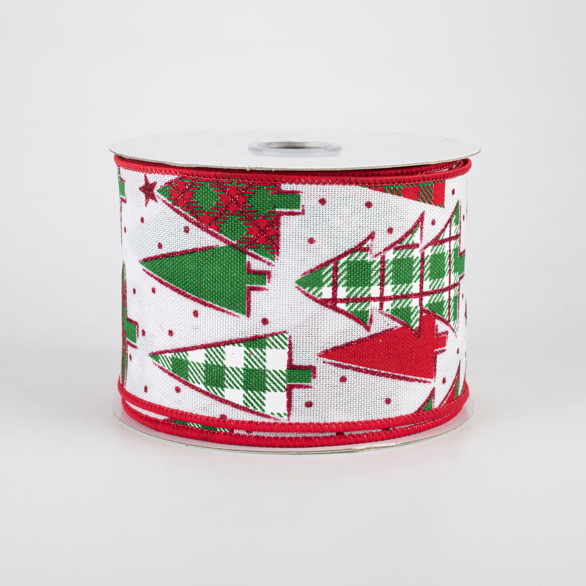2.5" Plaid Trees Ribbon: White, Red, Emerald (10 Yards)