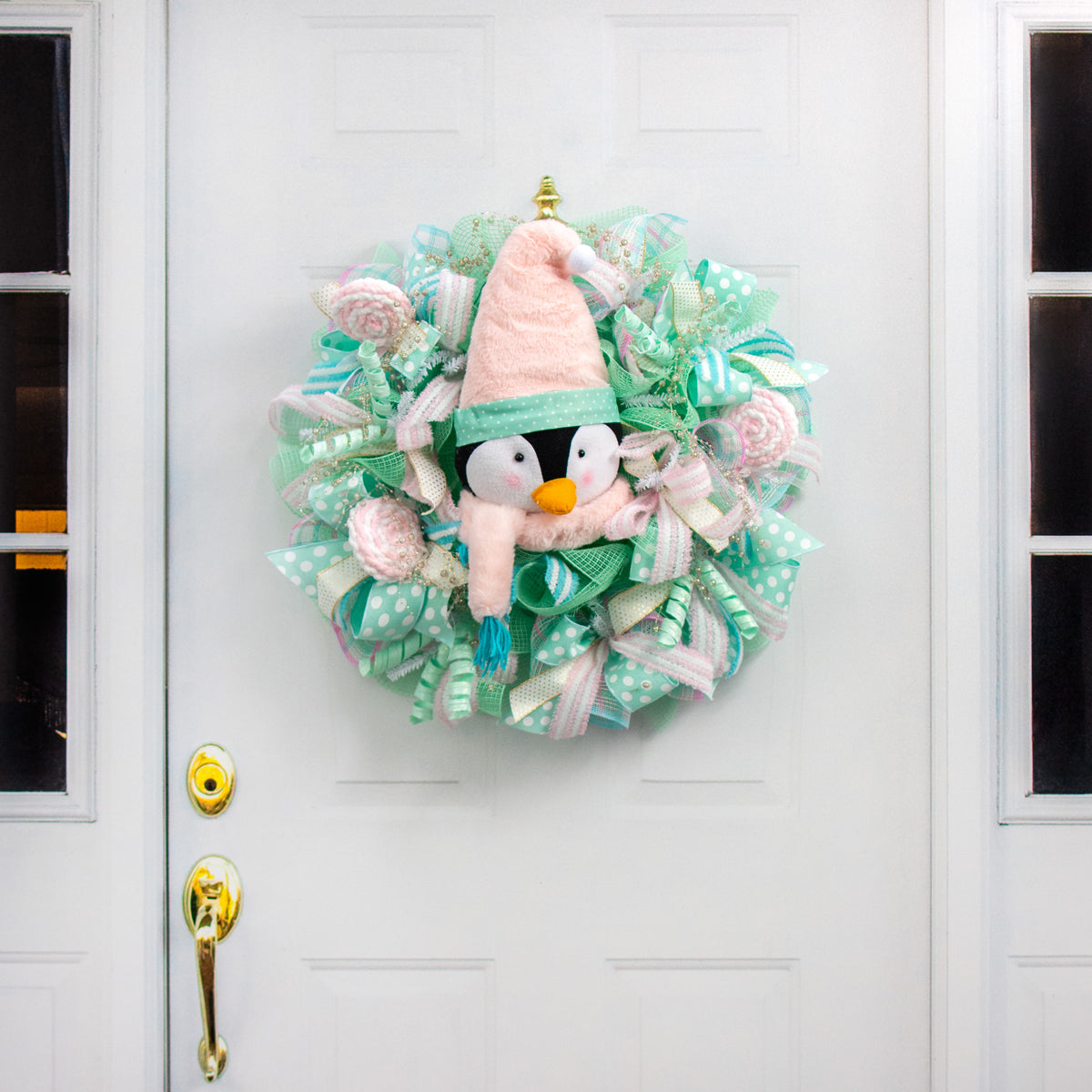 20" Plush Penguin Head Wreath Accent: Mint Green & Pink detail photo 4
