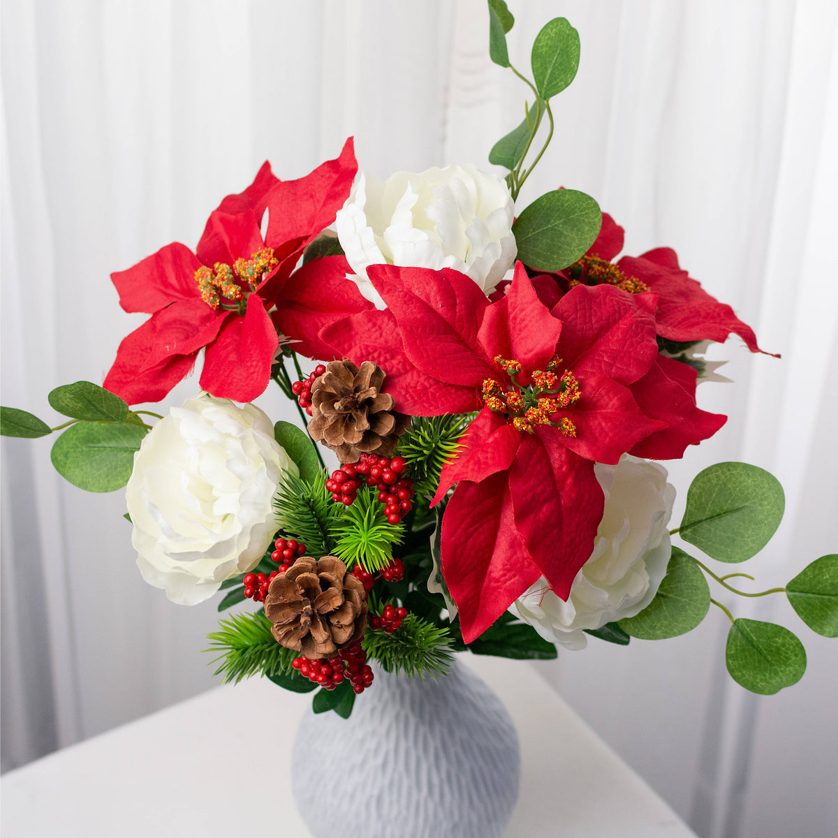 21" Poinsettias, Peonies & Pinecones Bush (9 Stem) Item Number: 86160RDCM