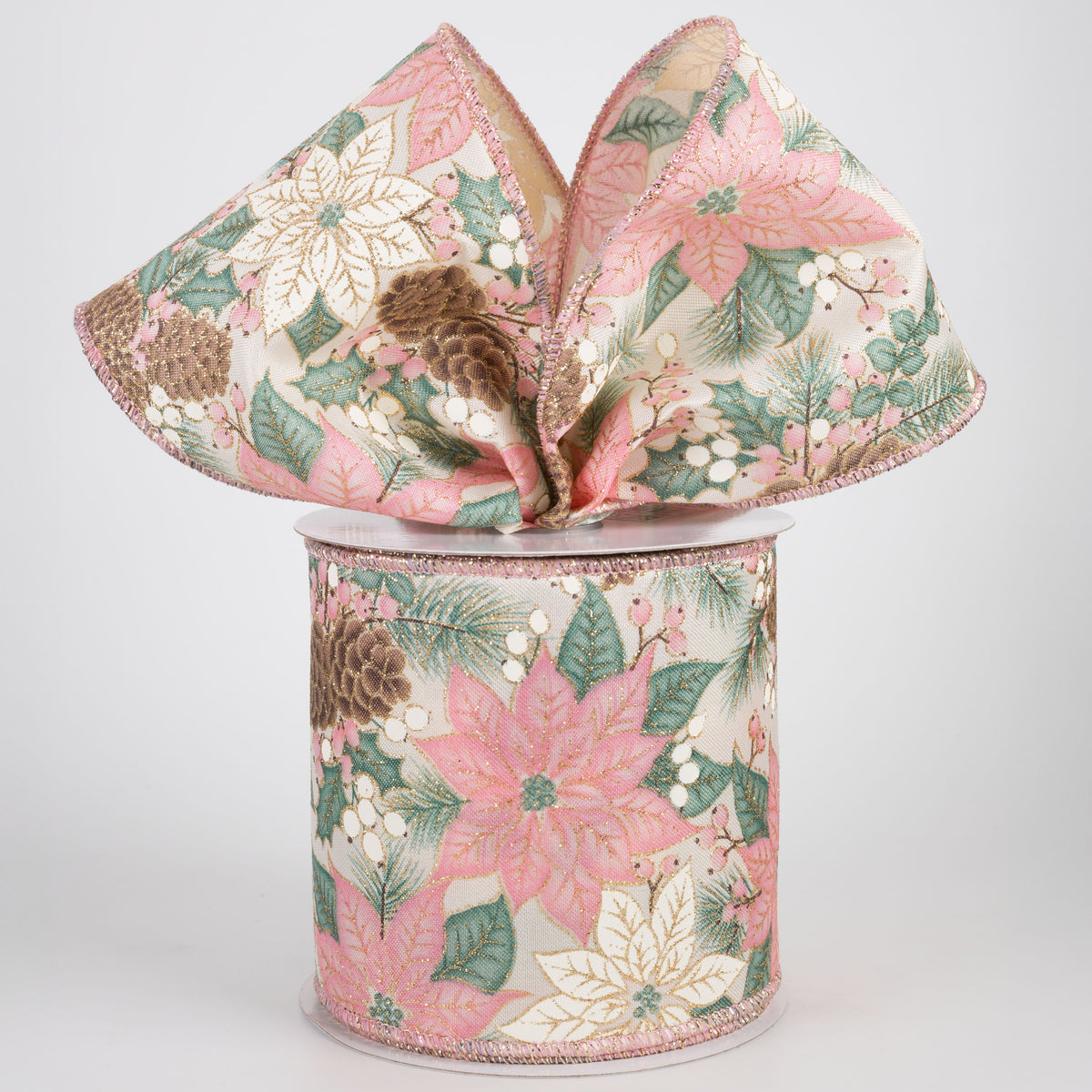 4" Poinsettias & Pinecones Ribbon: Pink & Ivory on Cream (10 Yards) Lifestyle Photo