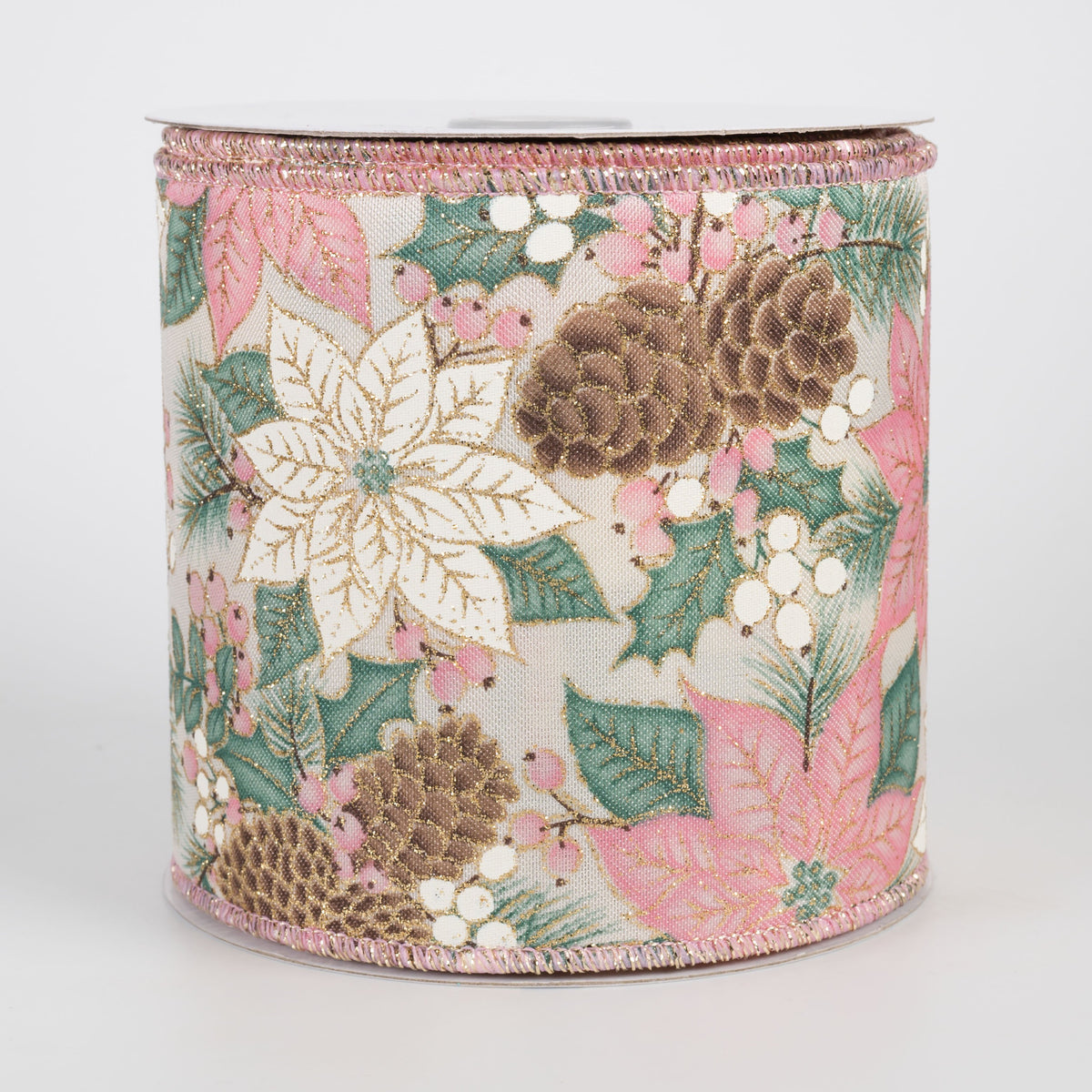 4" Poinsettias & Pinecones Ribbon: Pink & Ivory on Cream (10 Yards) Item Number: RGF1762RH
