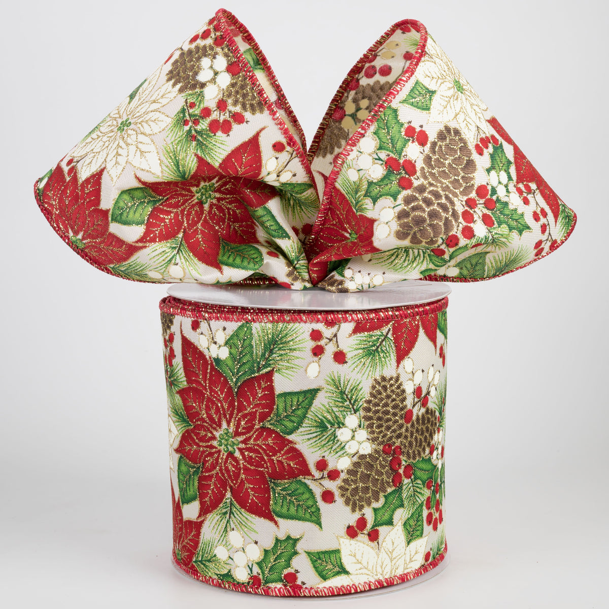 4" Poinsettias & Pinecones Ribbon: Red & Ivory on Cream (10 Yards) Lifestyle Photo
