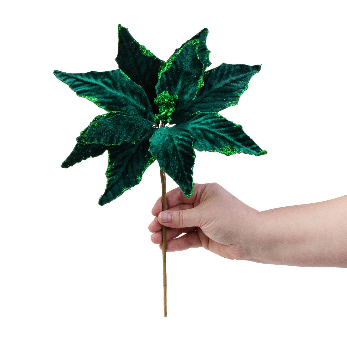 15" Pointy Velvet Poinsettia Pick: Dark Green detail photo 3