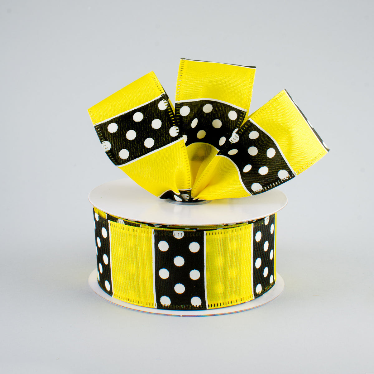 1.5" B & W Polka Dot Stripes Ribbon: Yellow (10 Yards) Lifestyle Photo