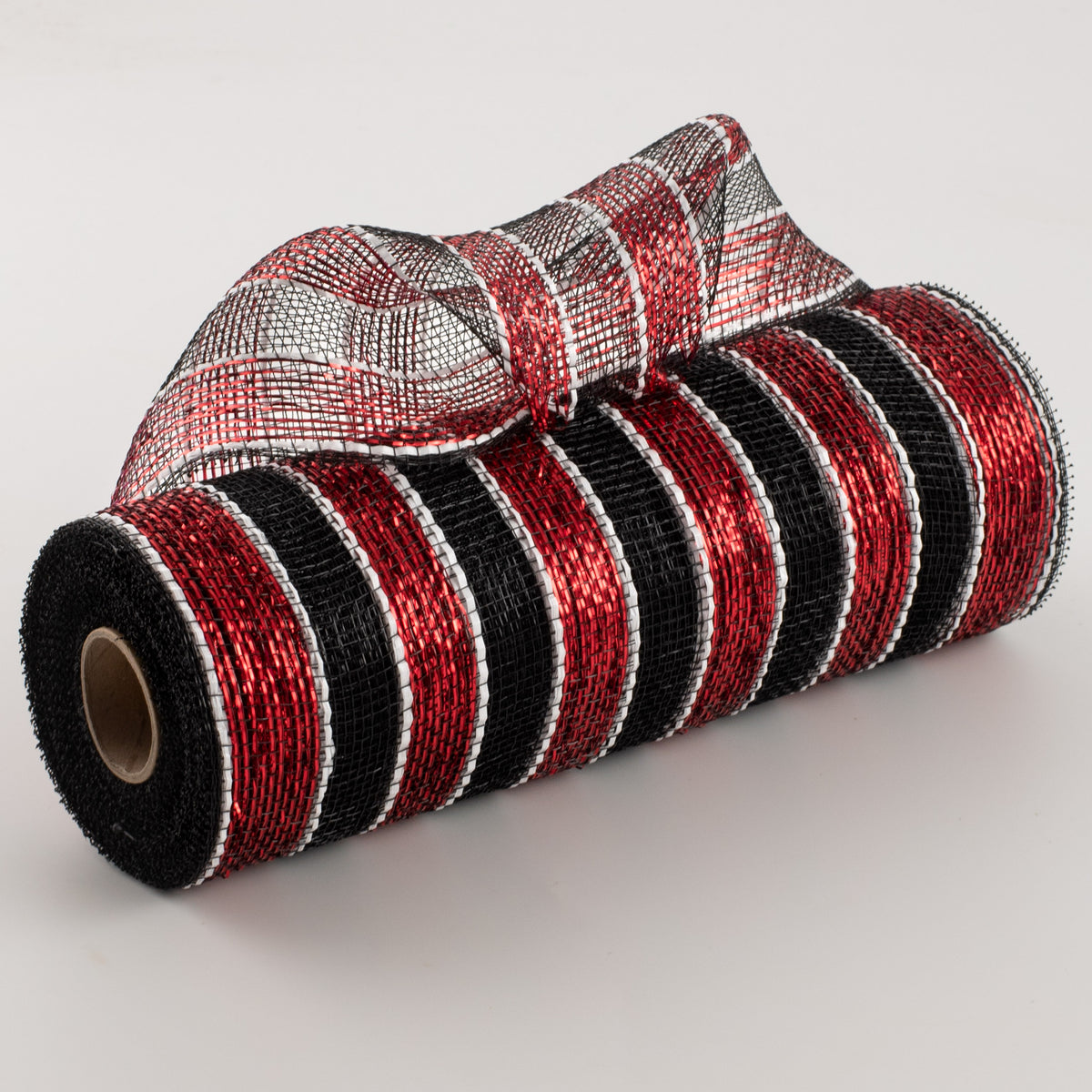 10" Poly Deco Mesh: Metallic Black/Garnet/White Stripe Item Number: RE1316MF