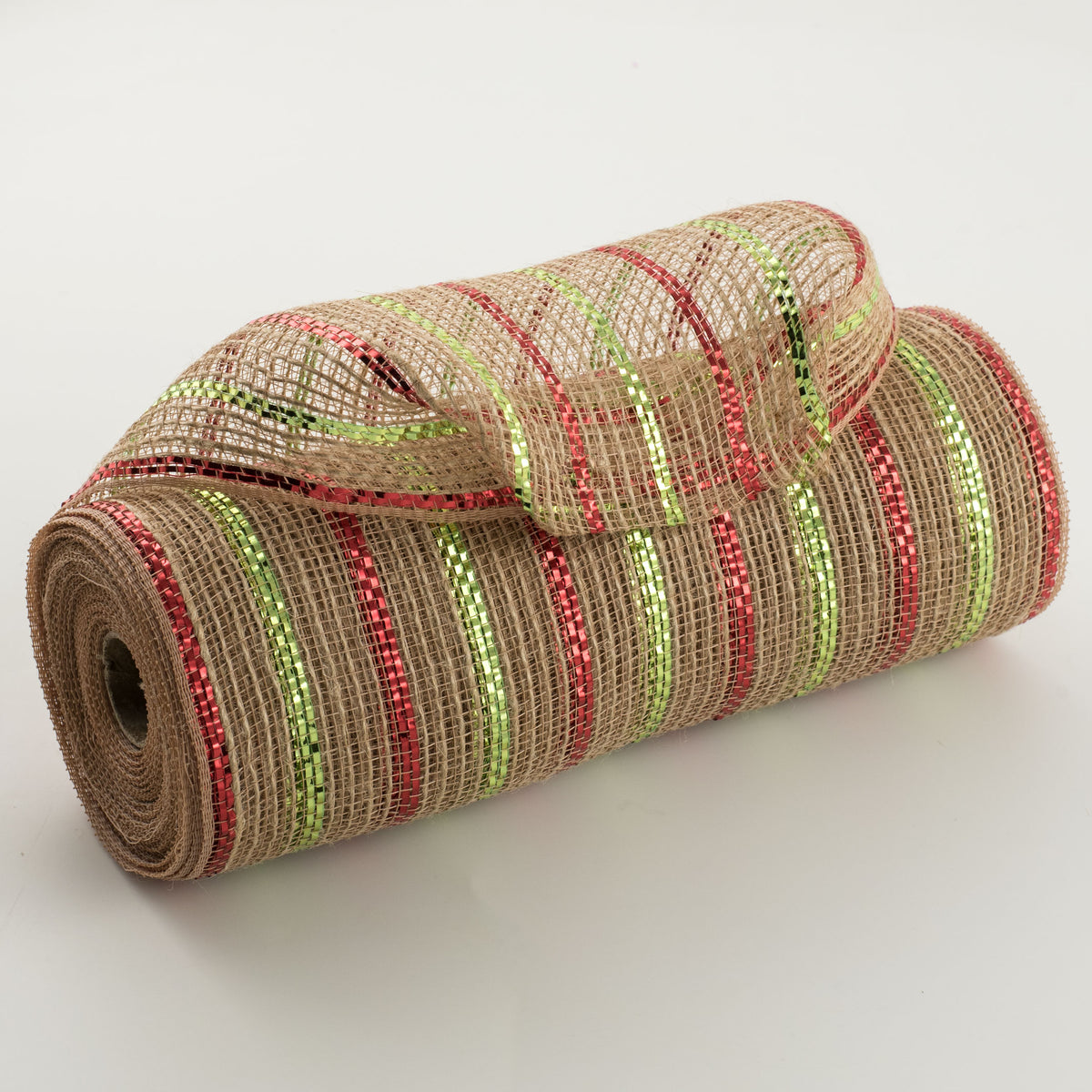 10" Poly Jute Deco Mesh: Natural & Lime/Red Metallic Stripe (10 Yards) Item Number: RY800734