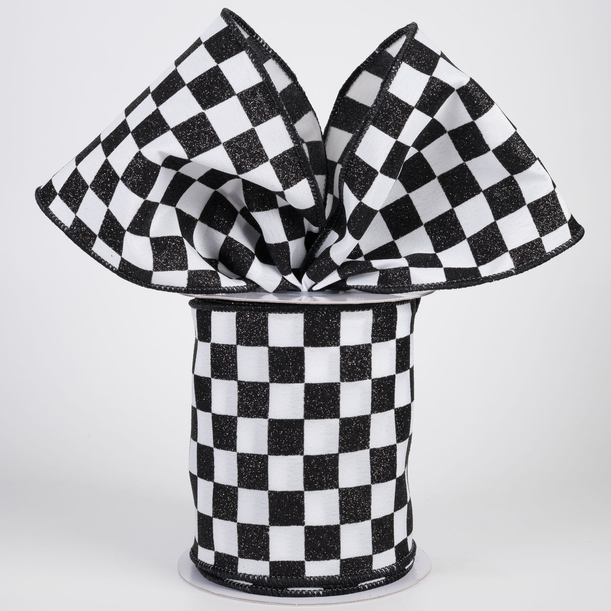 4" Printed Glitter Race Check Ribbon: Black on White (10 Yards) Lifestyle Photo