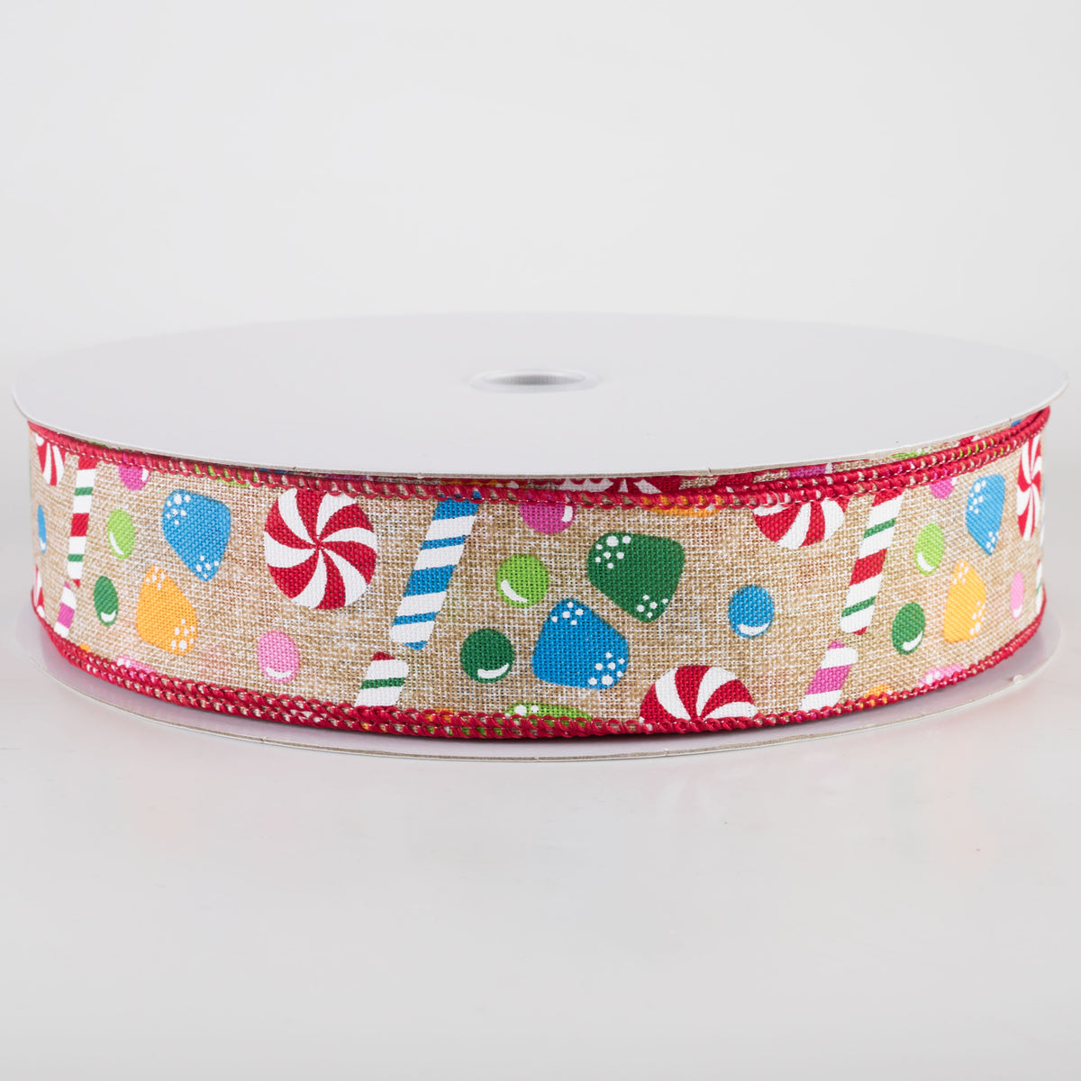 1.5" Printed Linen Christmas Candy Stripes Ribbon: Natural (50 Yards) Item Number: 871-09-418