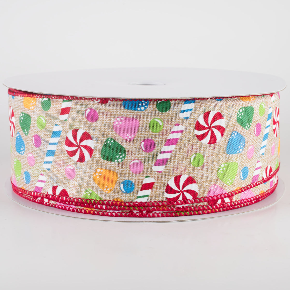 2.5" Printed Linen Christmas Candy Stripes Ribbon: Natural (50 Yards) Item Number: 871-40-418