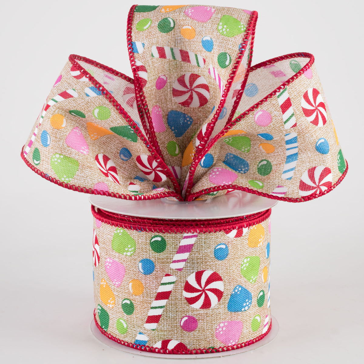 2.5" Printed Linen Christmas Candy Stripes Ribbon: Natural (10 Yards) Lifestyle Photo