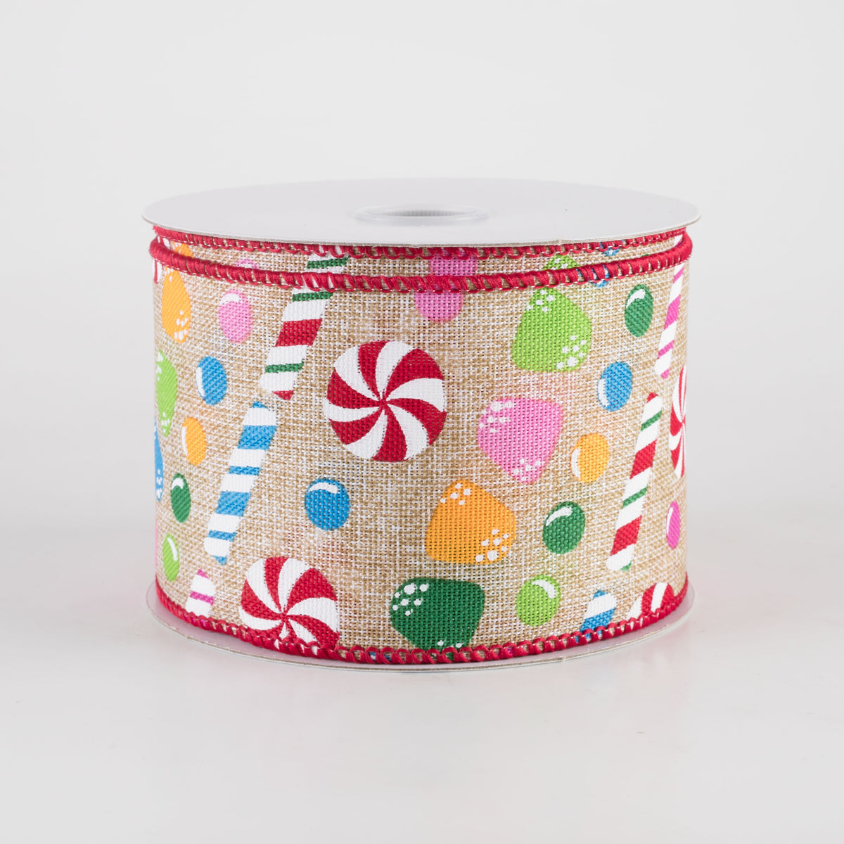 2.5" Printed Linen Christmas Candy Stripes Ribbon: Natural (10 Yards) Item Number: 71430-40-12