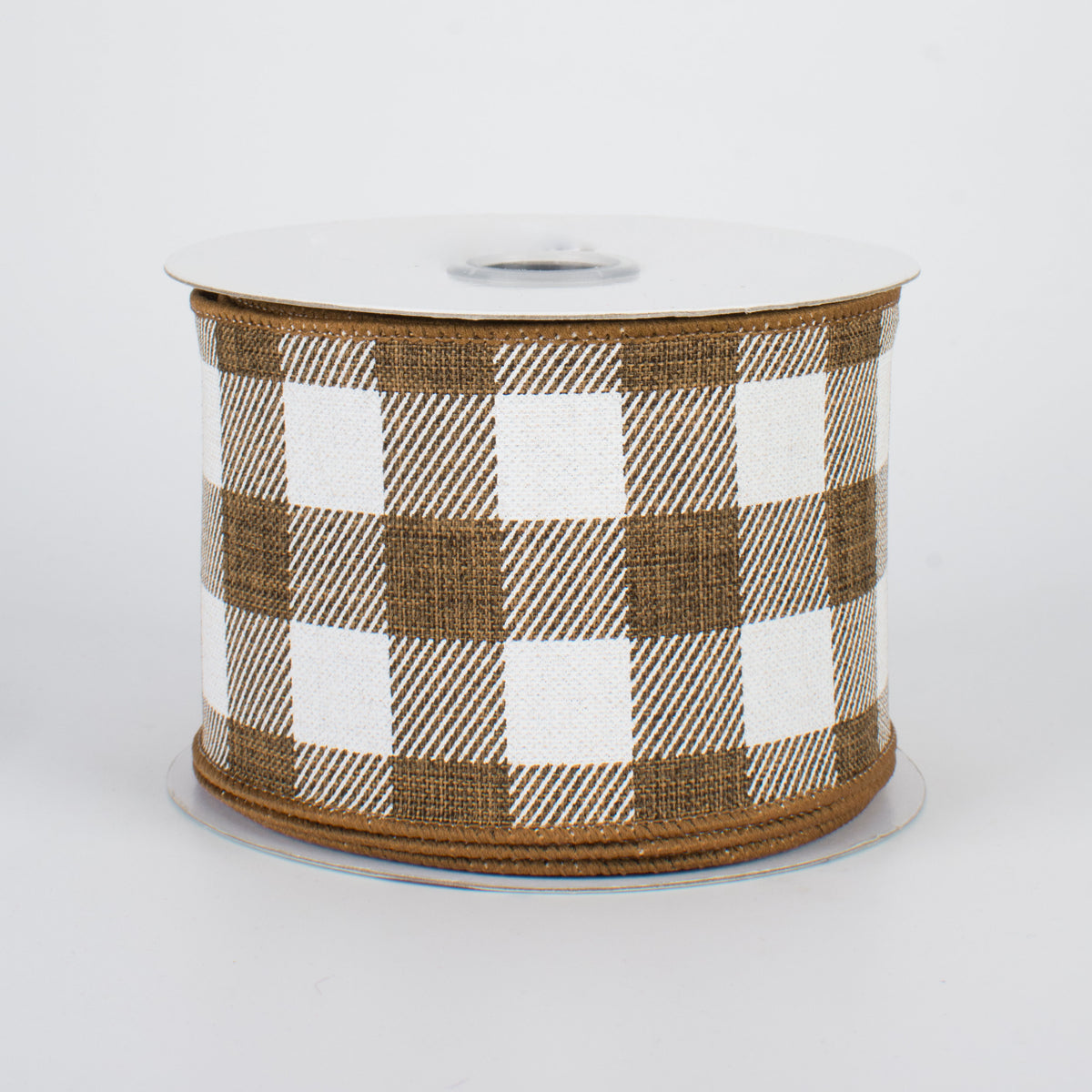 2.5" Printed Plaid Check Ribbon: Brown & White (10 Yards)