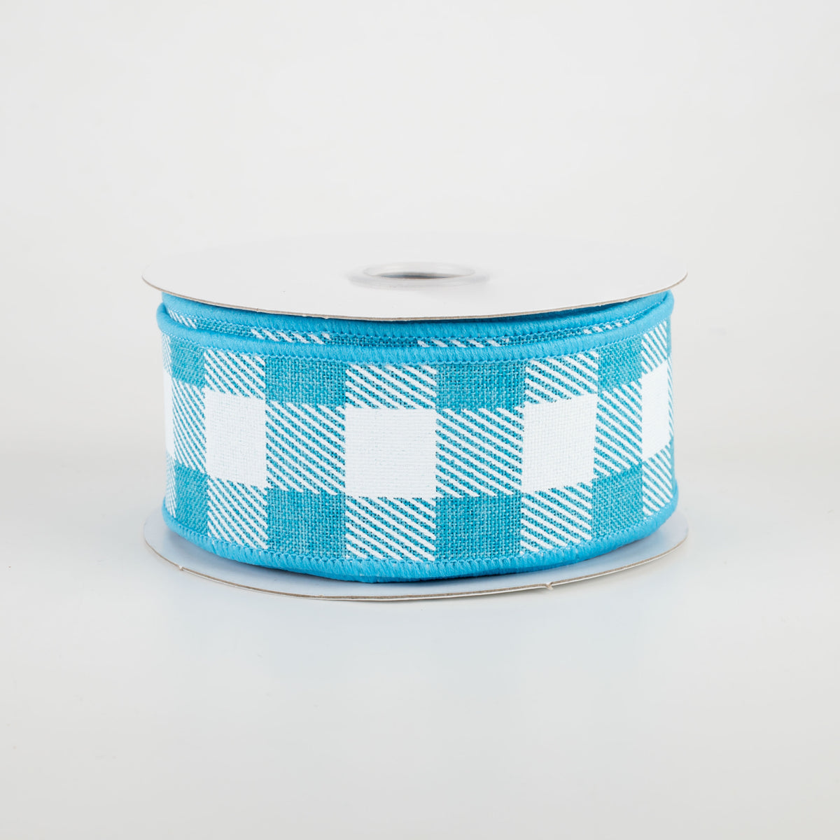 1.5" Printed Plaid Check Ribbon: Turquoise & White (10 Yards)