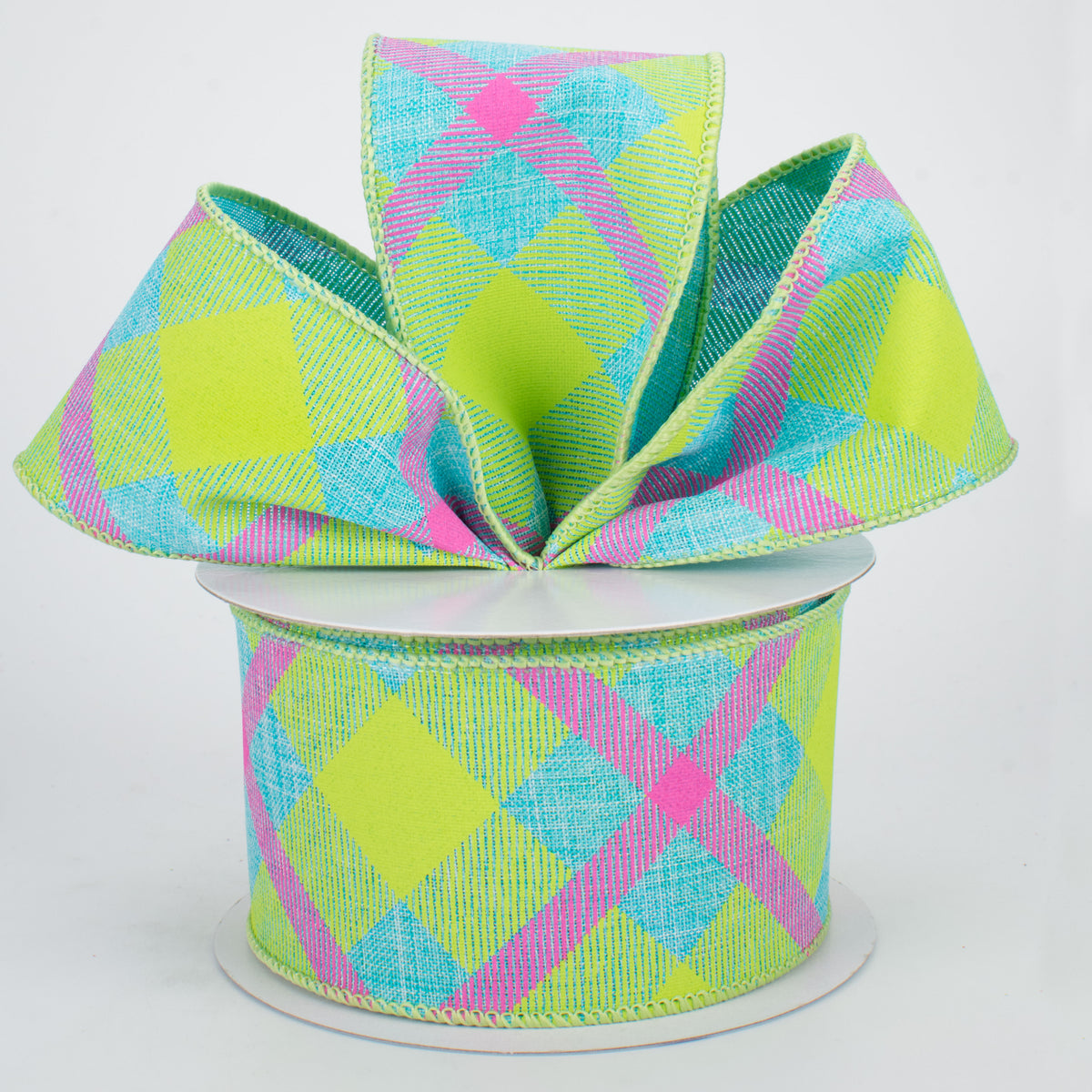 2.5" Printed Plaid Ribbon: Blue, Lime, Pink (10 Yards) Lifestyle Photo