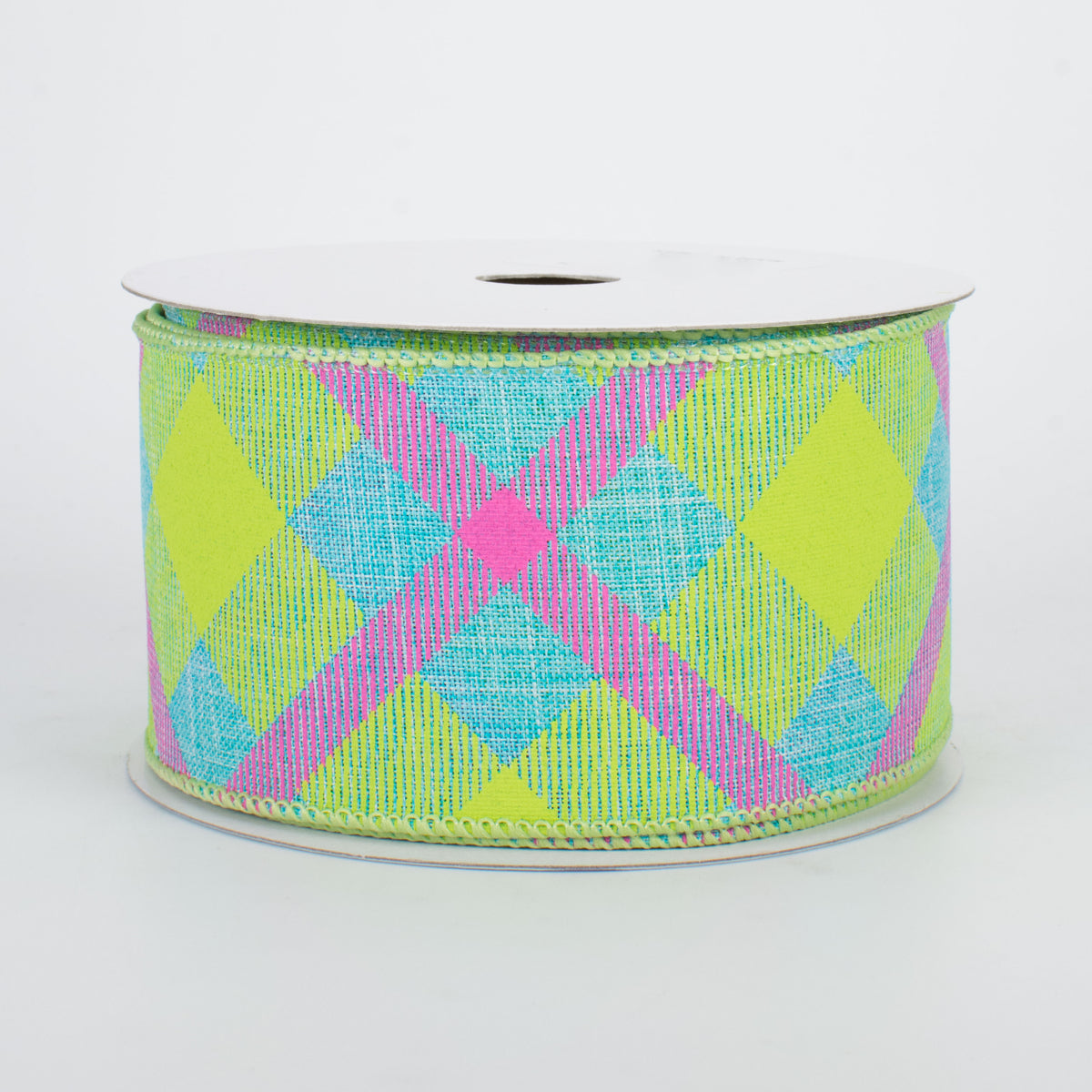 2.5" Printed Plaid Ribbon: Blue, Lime, Pink (10 Yards)