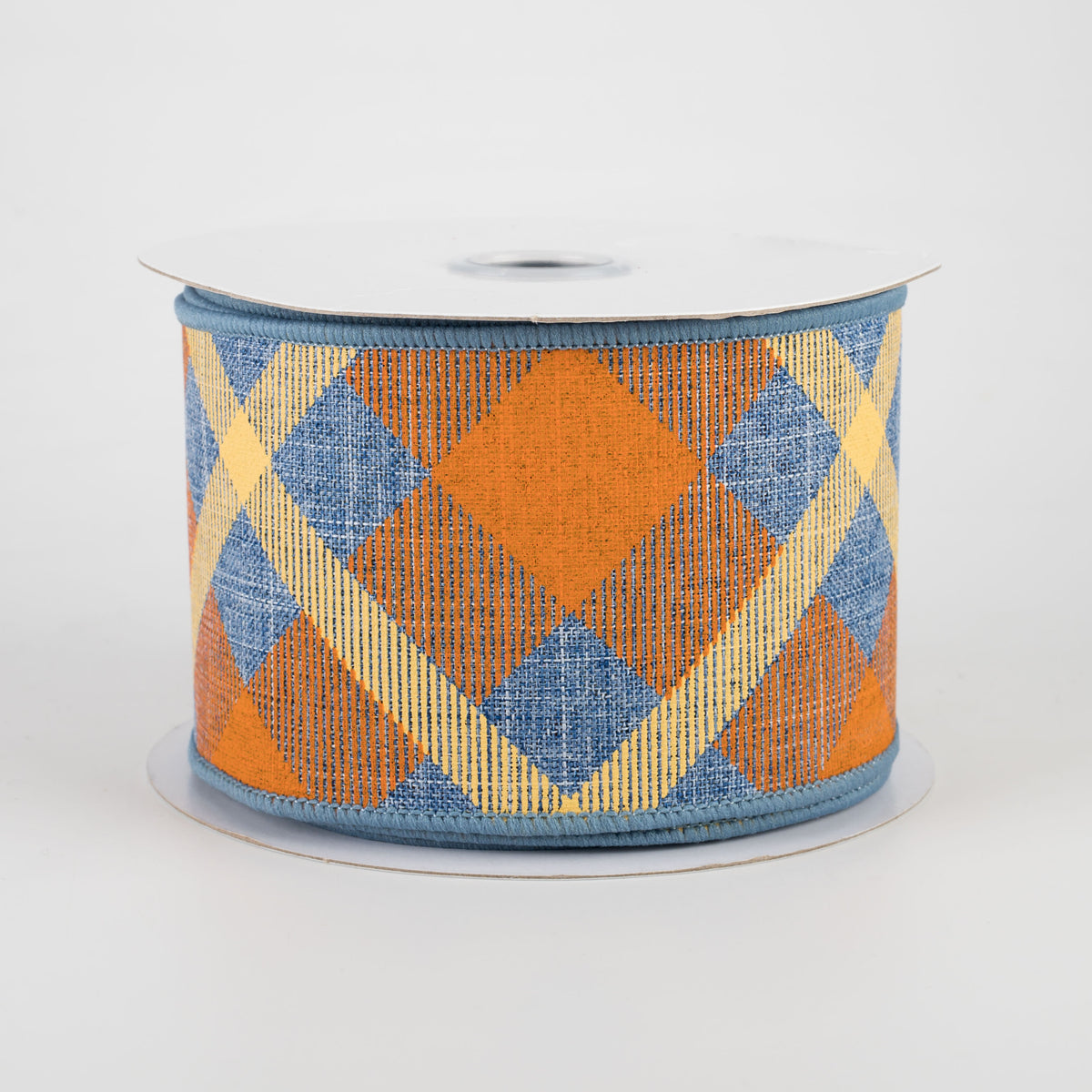 2.5" Printed Plaid Ribbon: Denim Blue, Orange, Mustard (10 Yards)