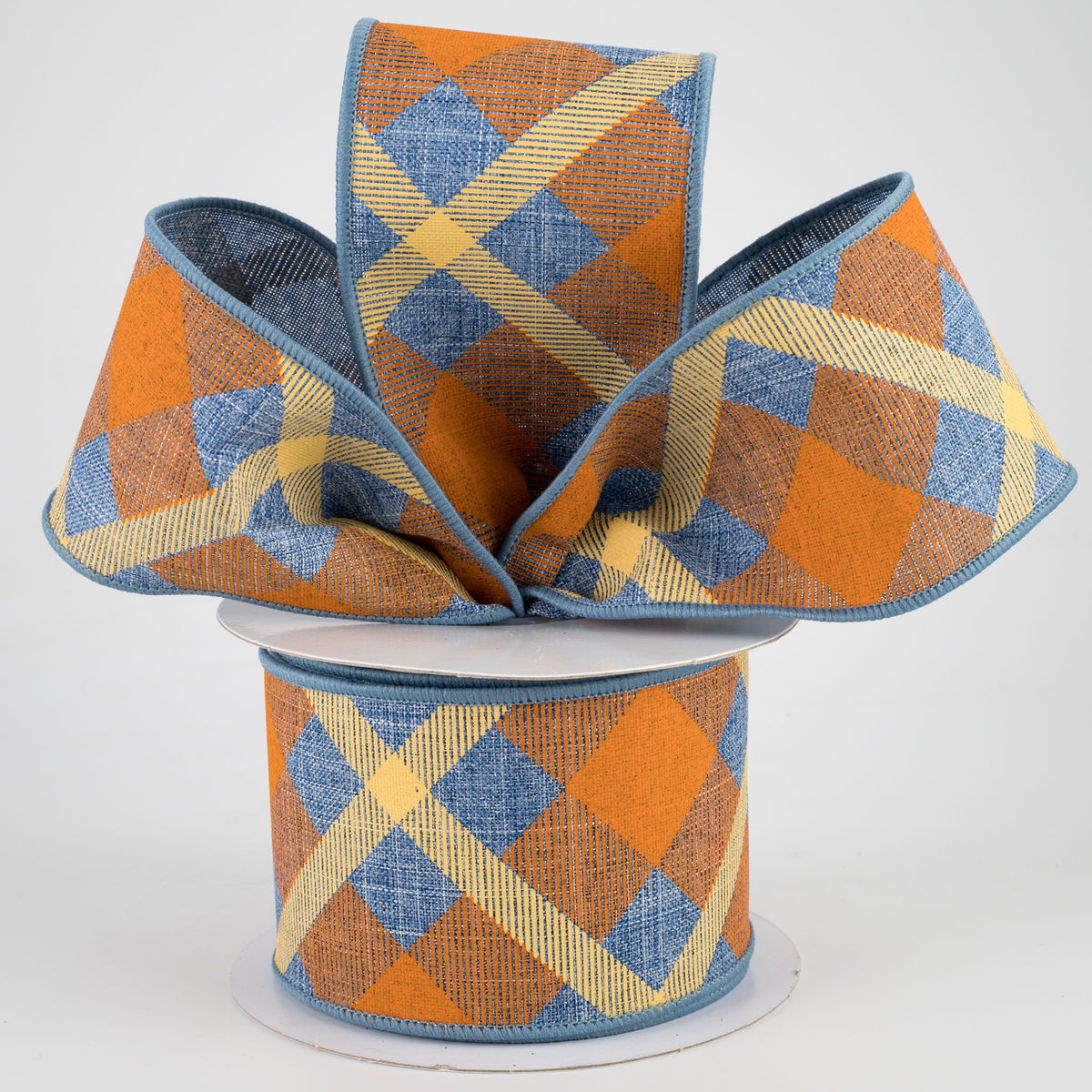 2.5" Printed Plaid Ribbon: Denim Blue, Orange, Mustard (10 Yards) Lifestyle Photo