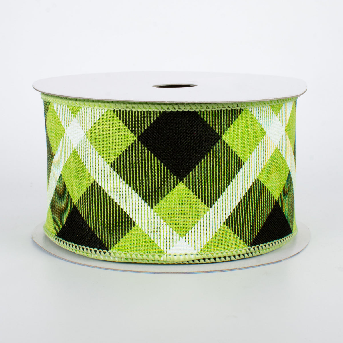 2.5" Printed Plaid Ribbon: Lime, Black, White (10 Yards)