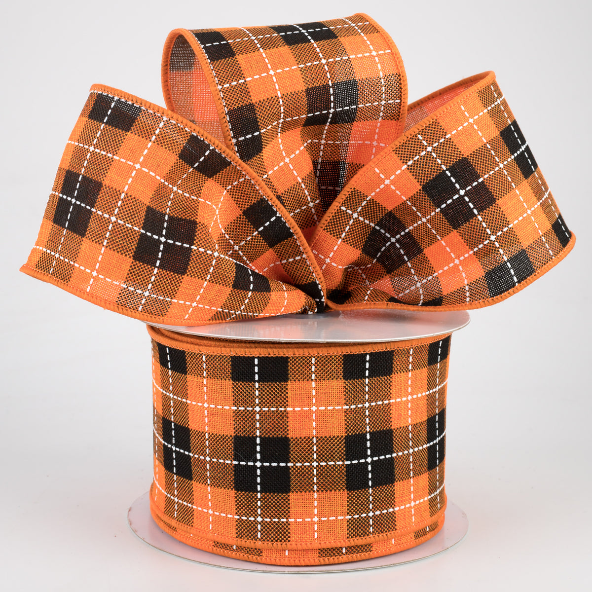 2.5" Printed Woven Check Ribbon: Orange, Black, White (10 Yards) Lifestyle Photo