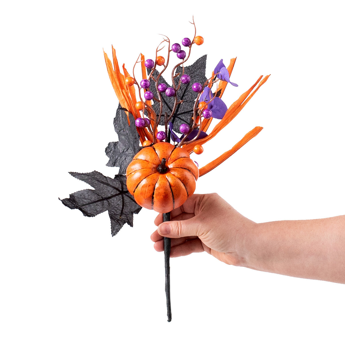 15" Pumpkin, Berries, Leaves and Grass Pick: Orange, Black & Purple detail photo 3