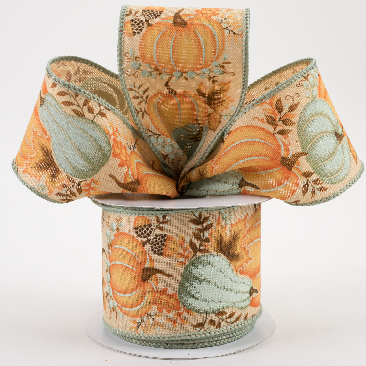 2.5" Pumpkin, Gourd, Leaves Ribbon: Tan, Light Orange, Light Sage (10 Yards) Lifestyle Photo
