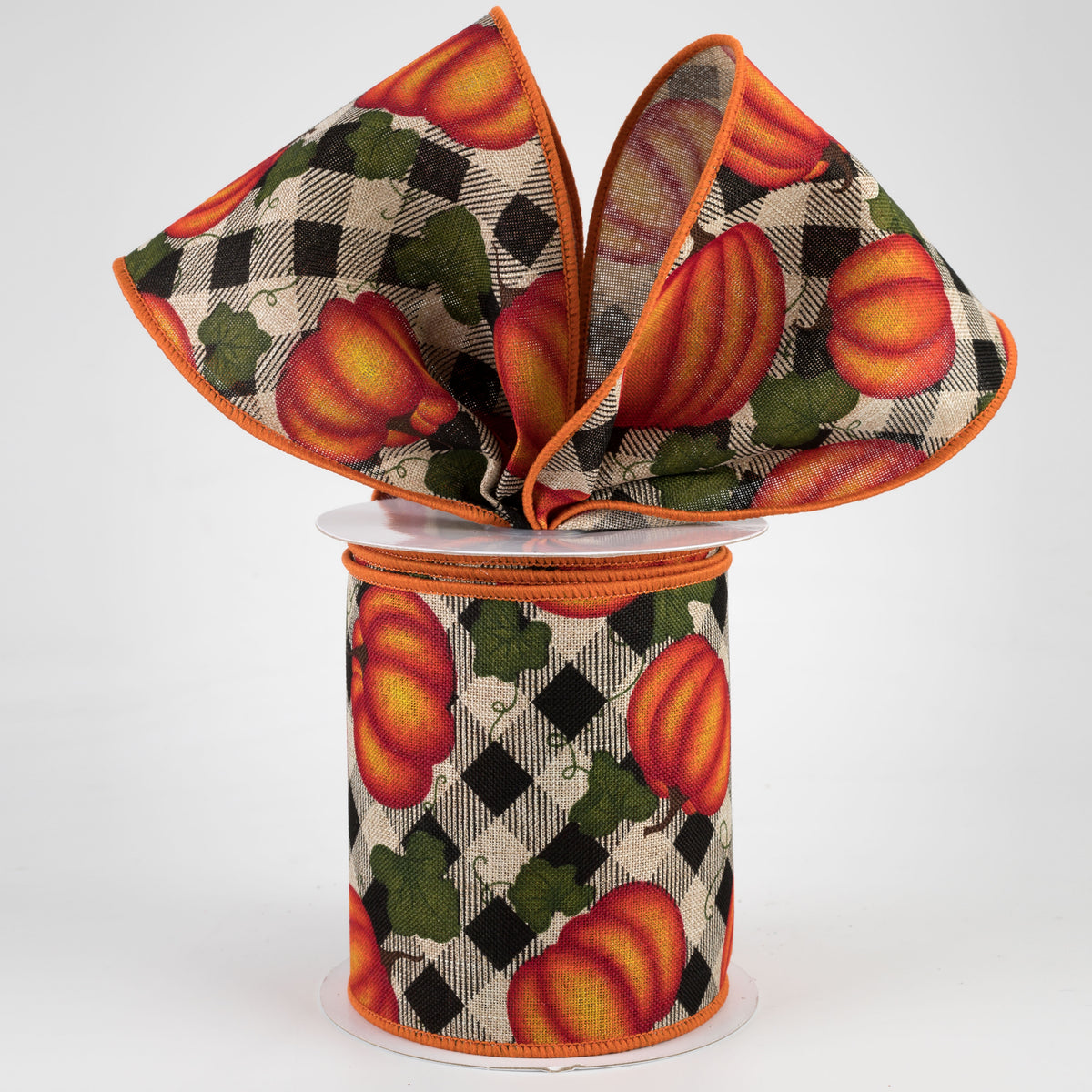 4" Pumpkin With Leaves Check Ribbon: Natural (10 Yards) Lifestyle Photo