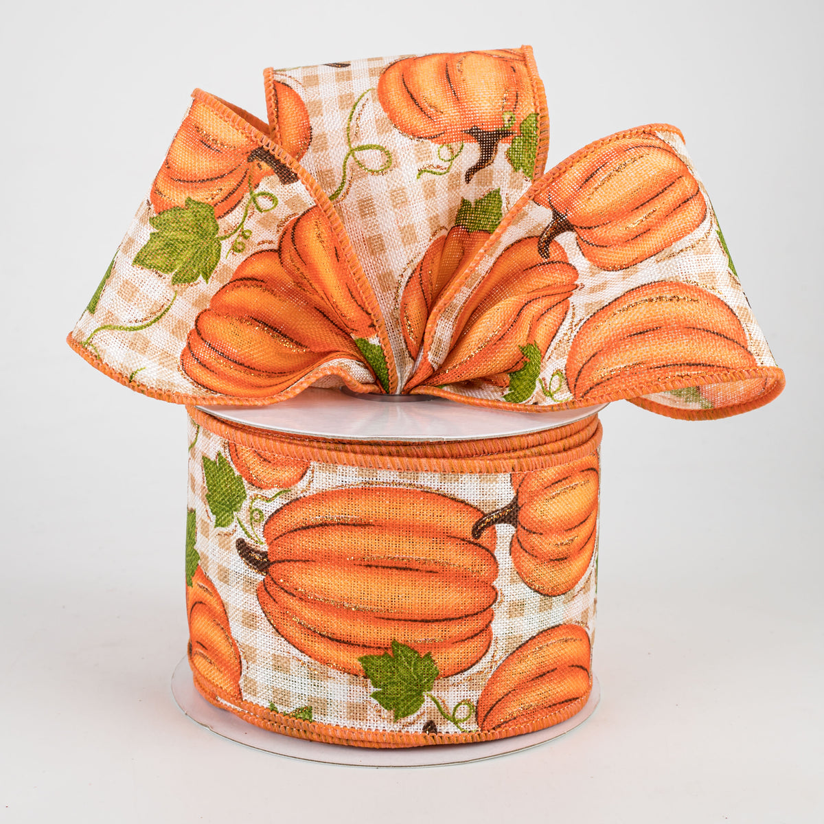 2.5" Pumpkin Patch Check Ribbon: Orange, Moss, Beige, Ivory (10 Yards) Lifestyle Photo