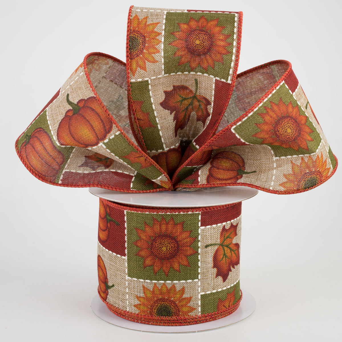 2.5" Pumpkin, Sunflower, Maple Leaf Patchwork Ribbon: Beige (10 Yards) Lifestyle Photo