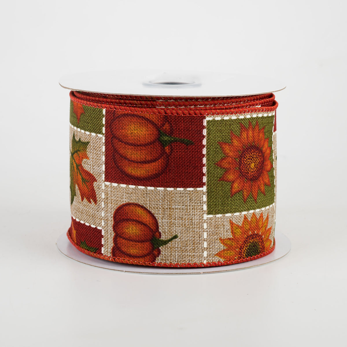2.5" Pumpkin, Sunflower, Maple Leaf Patchwork Ribbon: Beige (10 Yards)