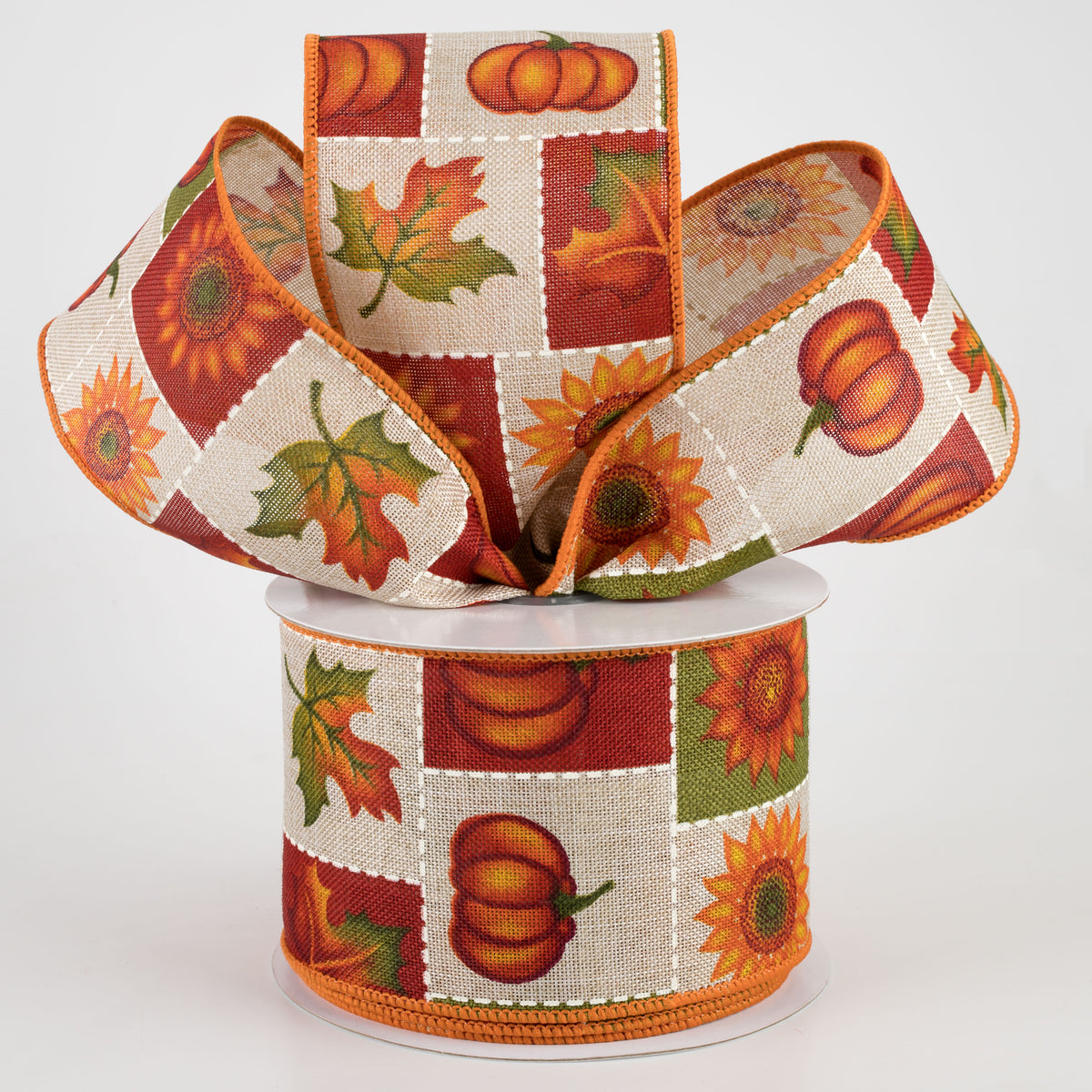 2.5" Pumpkin, Sunflower, Maple Leaf Patchwork Squares Ribbon (10 Yards) Lifestyle Photo
