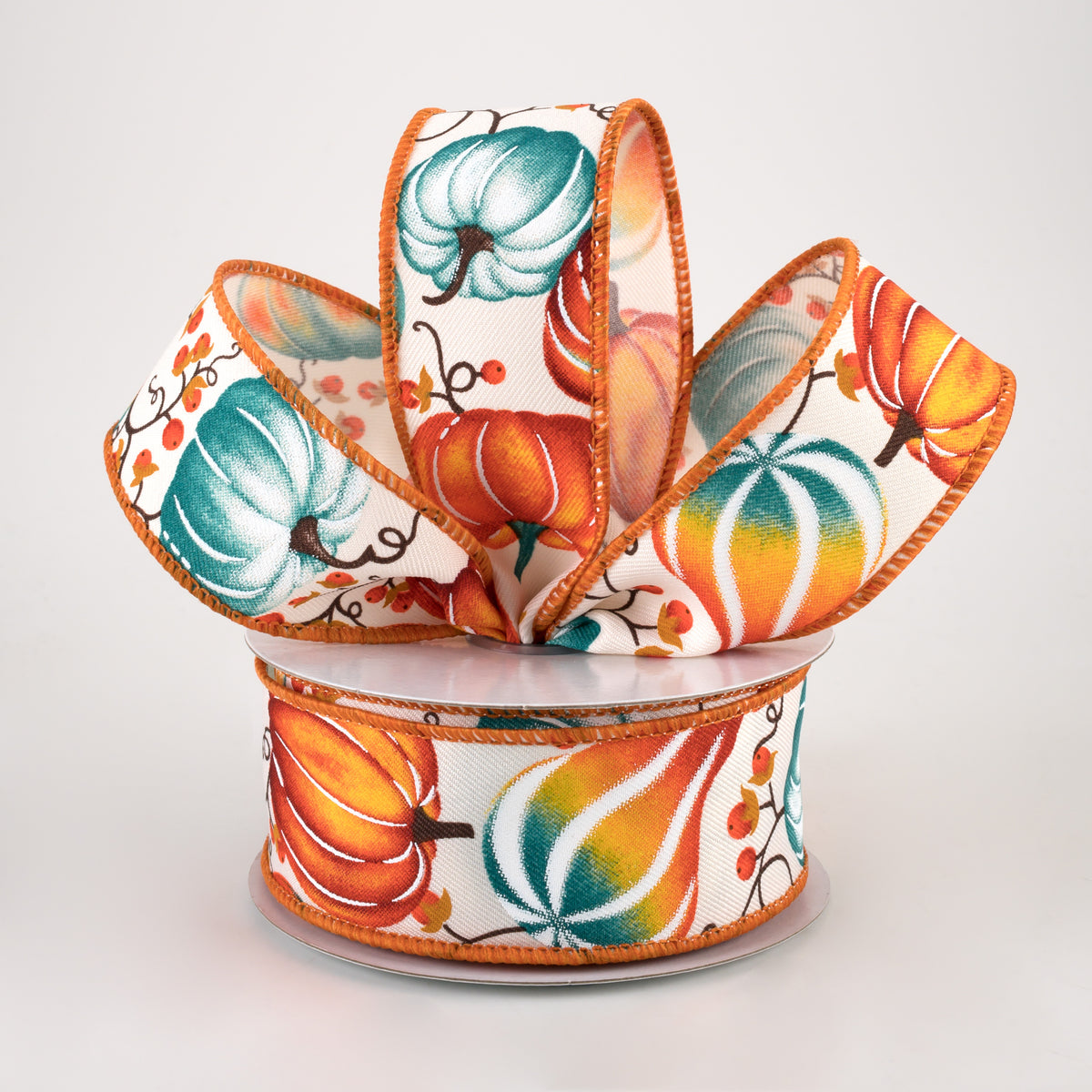 1.5" Pumpkins Bittersweet Ribbon: Ivory, Orange, Teal (10 Yards) Lifestyle Photo