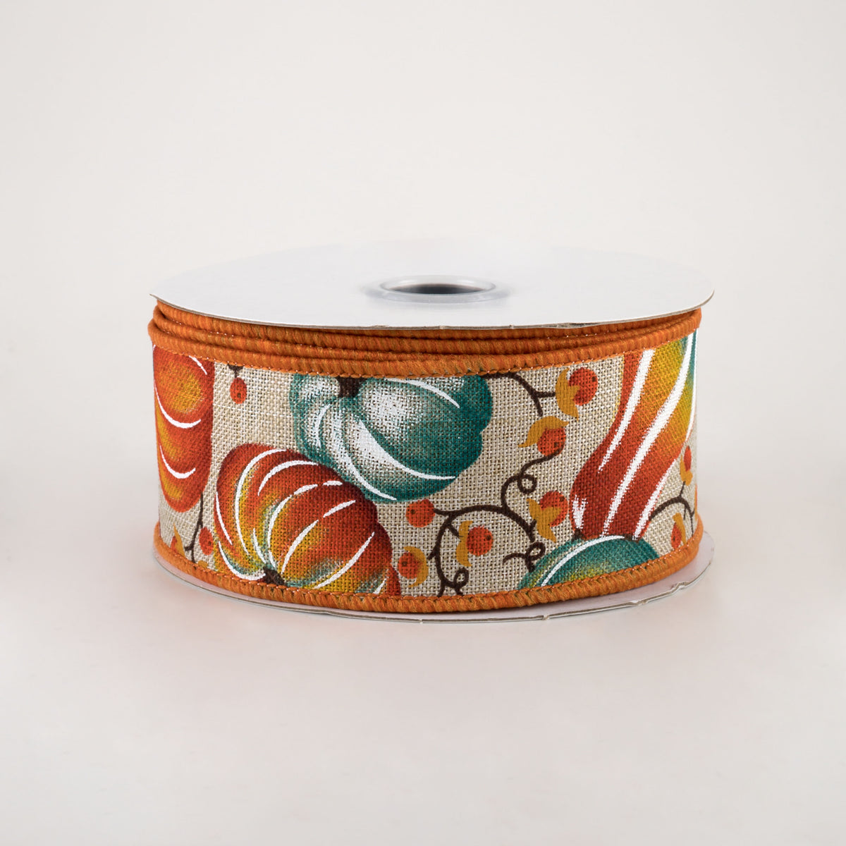 1.5" Pumpkins Bittersweet Ribbon: Light Natural, Orange, Teal (10 Yards)