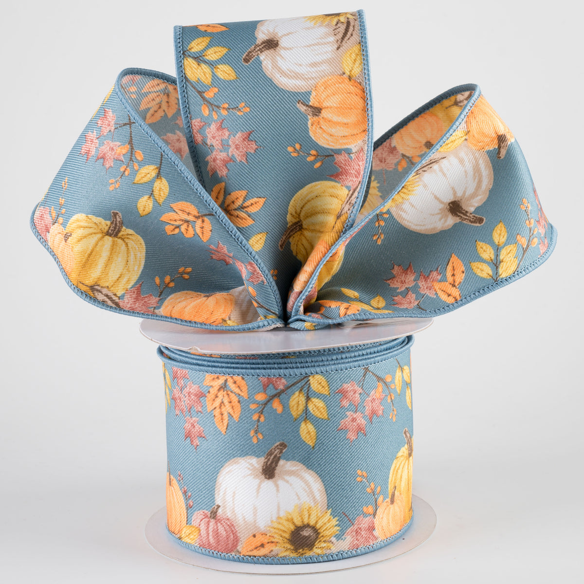 2.5" Pumpkins and Foliage Diagonal Weave Ribbon: Smoke Blue (10 Yards) Lifestyle Photo